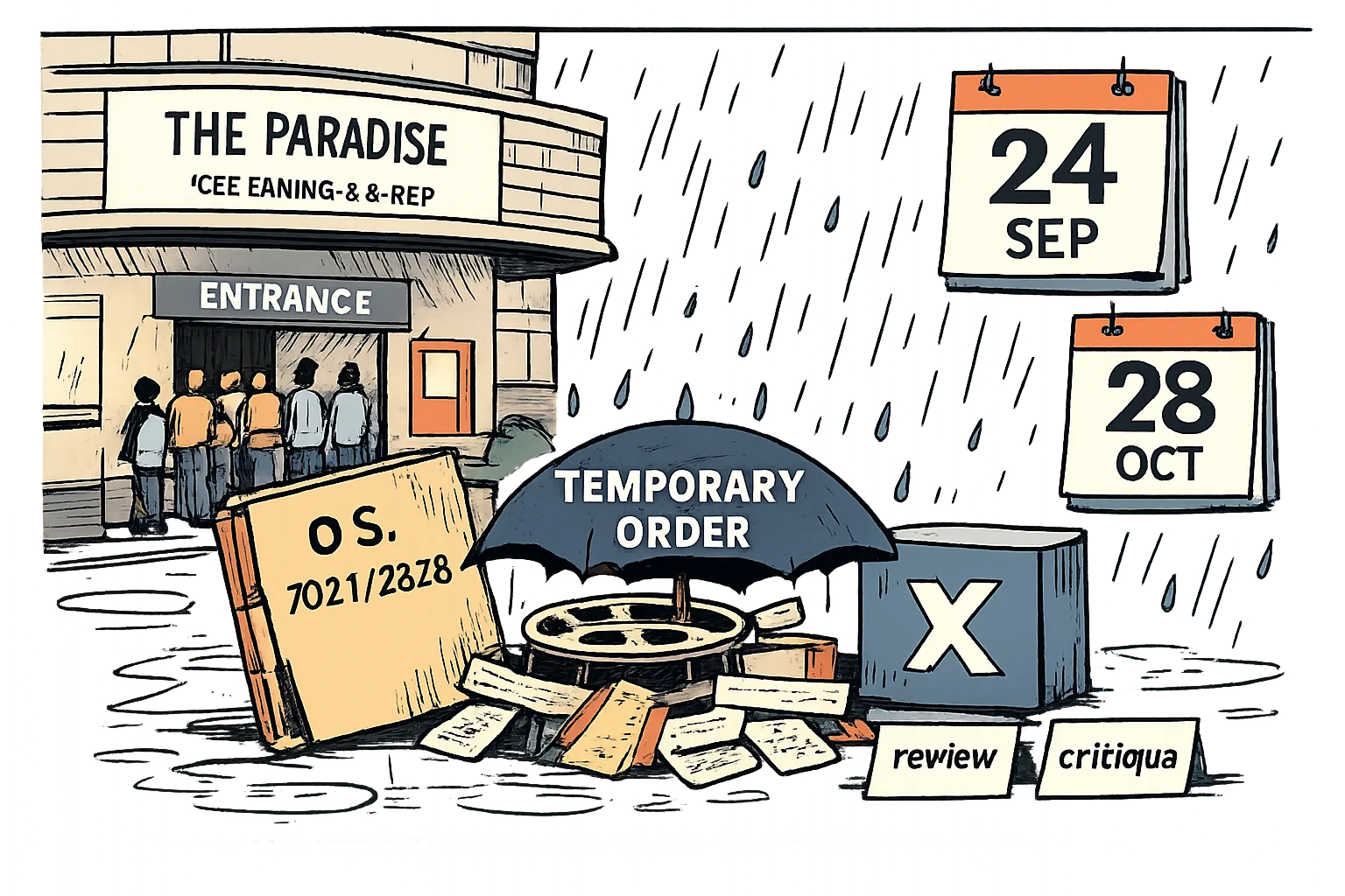 A small umbrella labelled temporary order covers a film reel and URL-marked papers outside an Indian cinema, while review cards sit untouched in the rain; calendar pages show 24 September and 28 October.