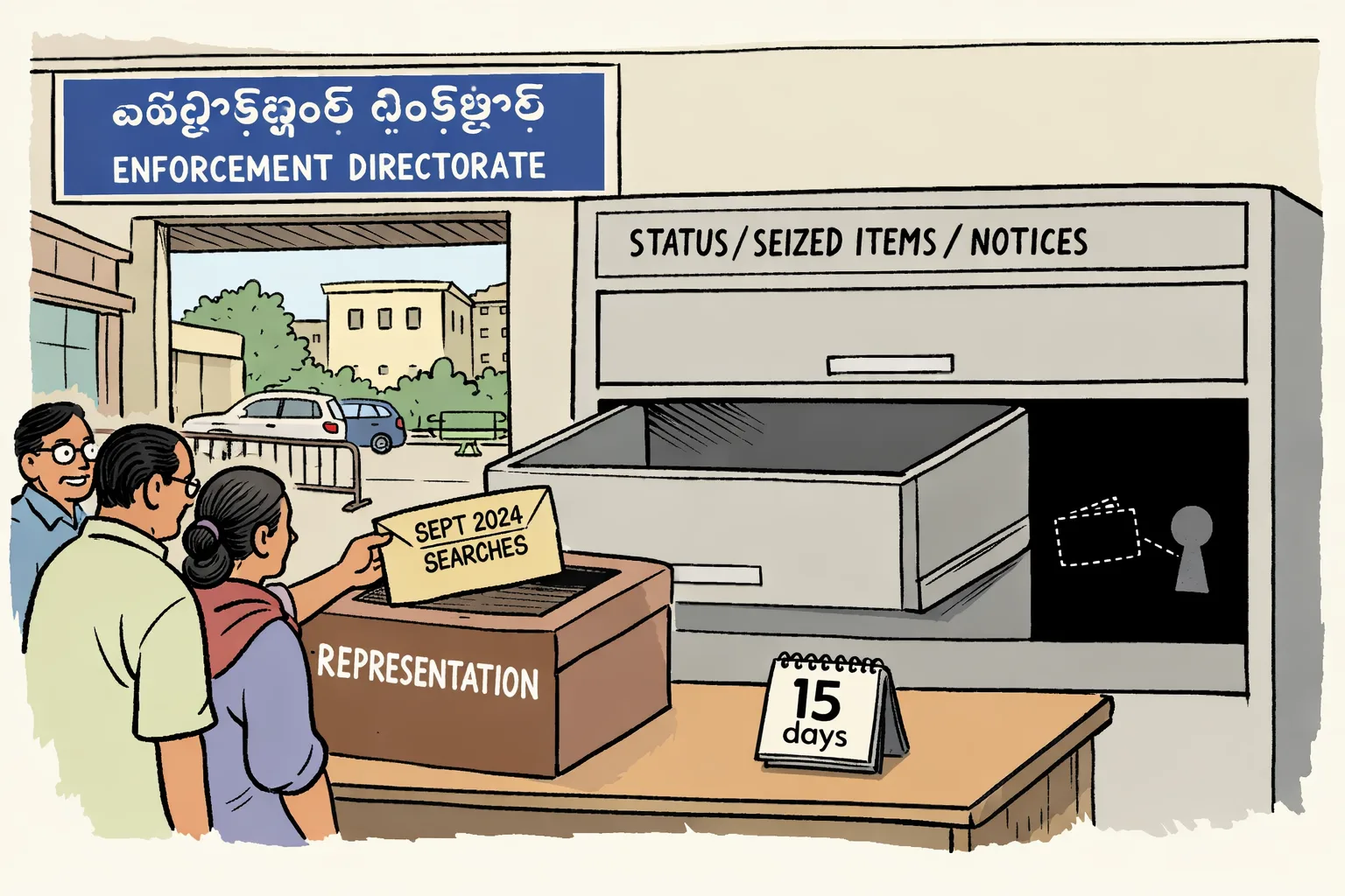A delegation places a representation into an inward box outside a Hyderabad Enforcement Directorate office while an empty case-file drawer and a disappearing file suggest that the requested information cannot be found.