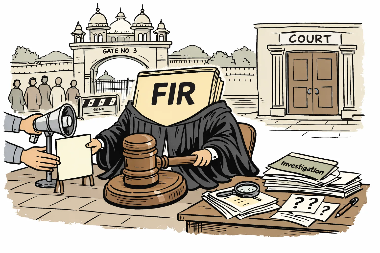 A police FIR file dressed like a judge sits behind a gavel outside the Telangana Assembly, while an unfinished investigation file lies nearby and a courthouse door remains closed.