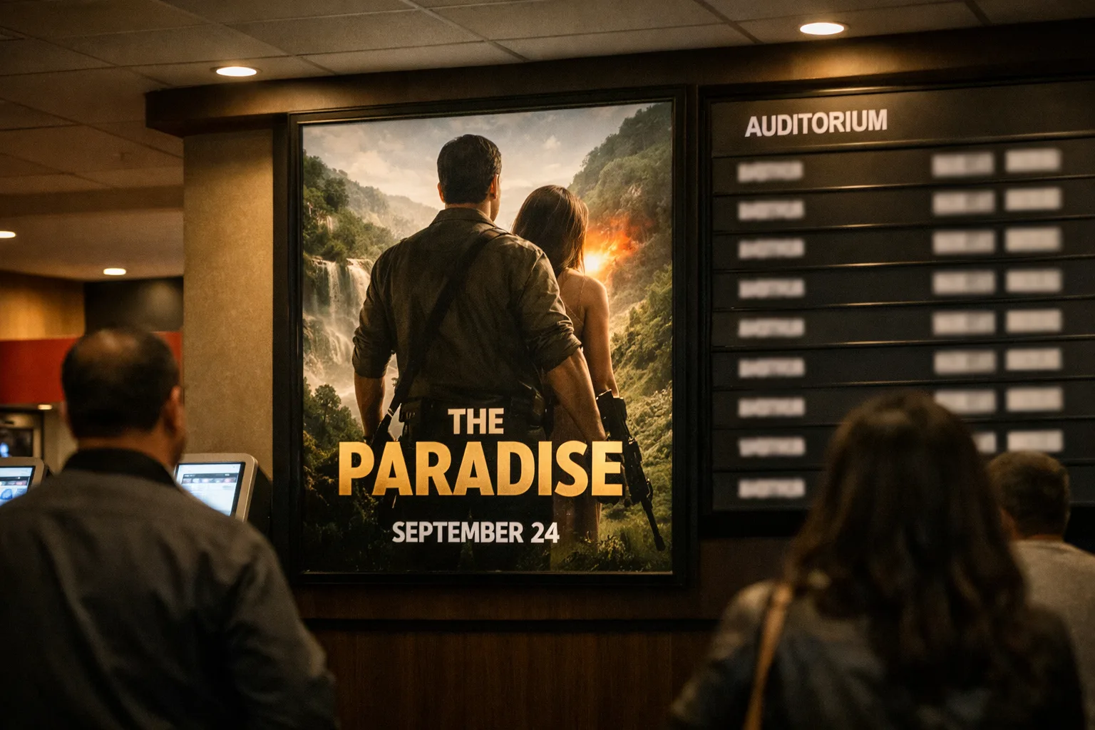 A multiplex lobby display promotes The Paradise with a September 24 date while adjacent showtime information remains blank or unreadable.