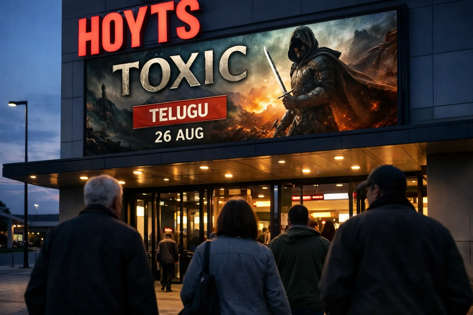 A New Zealand cinema entrance at dusk displays a Telugu screening label for Toxic dated 26 August, with people entering beneath the marquee.