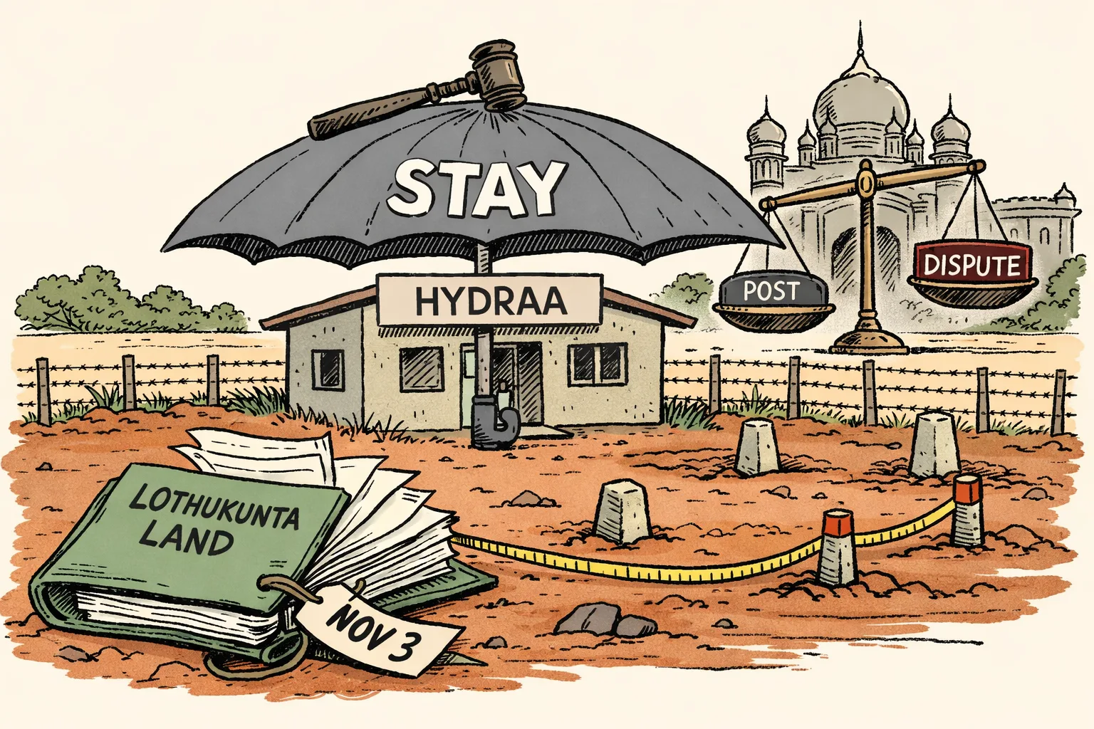 A large umbrella marked “STAY” covers a HYDRAA office sign beside an open Lothukunta land file, survey pegs and measuring tape, with a court building in the background.