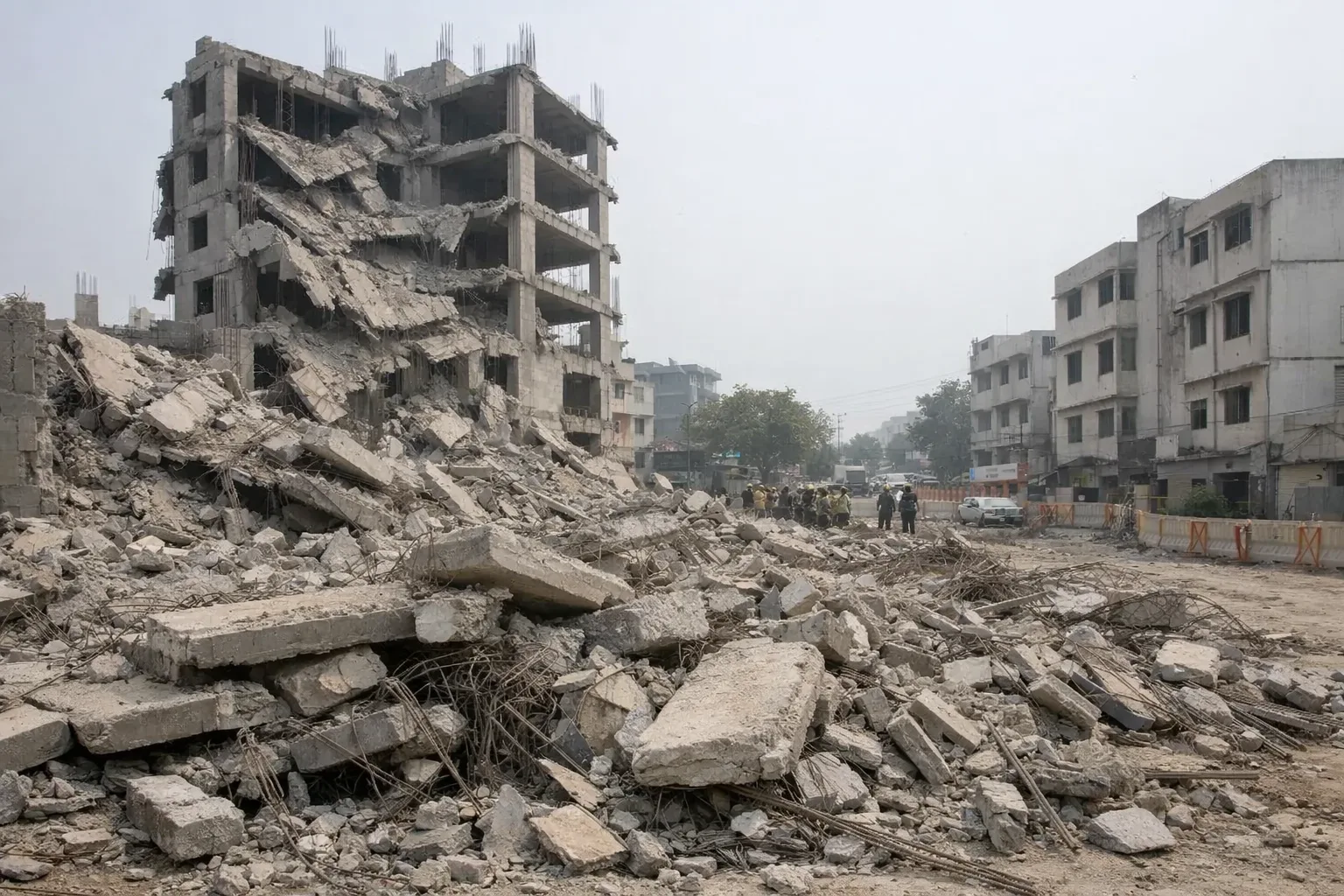A collapsed under-construction concrete building lies in rubble behind barricades on an urban Hyderabad road, while distant rescue and civic workers inspect the site.