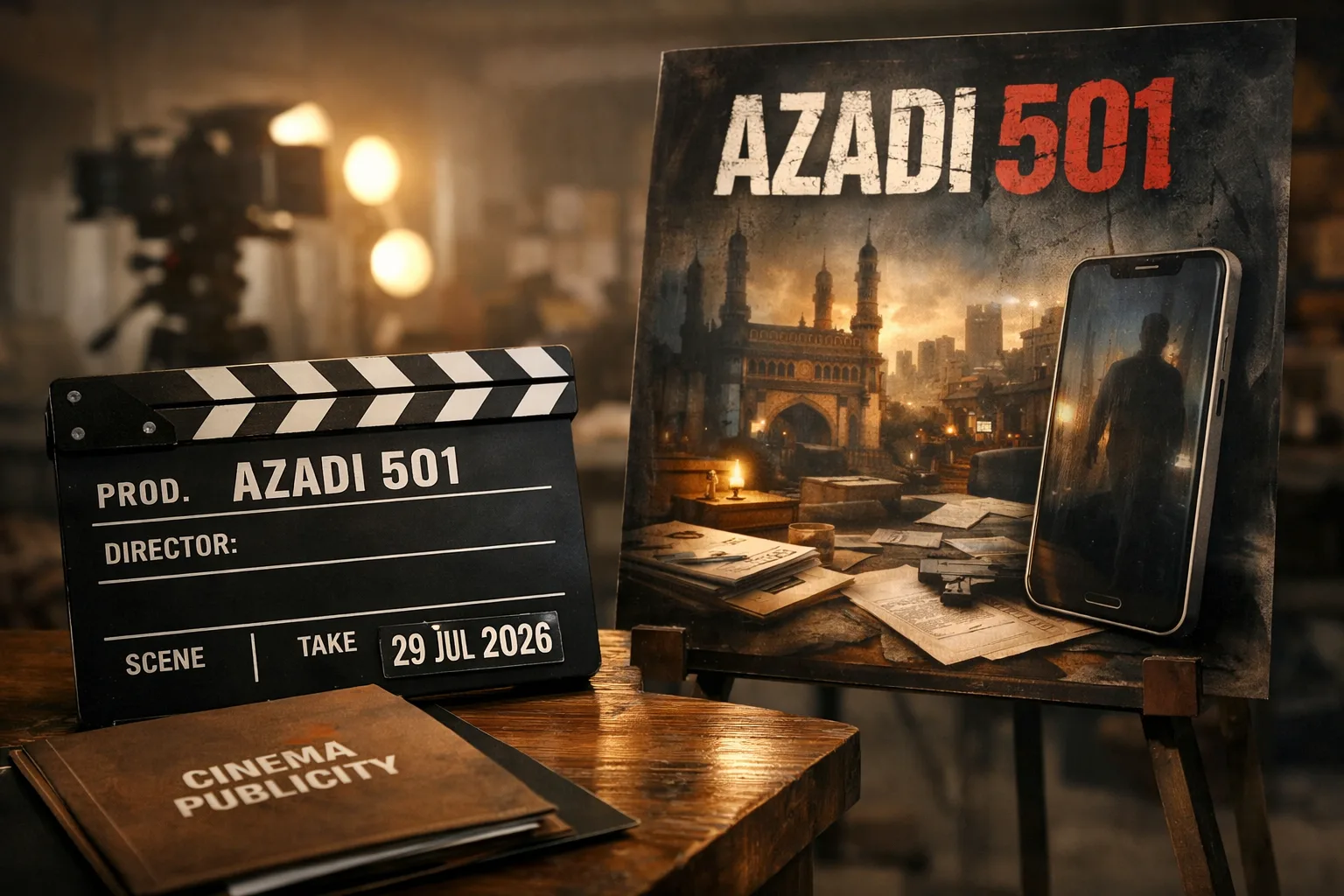 A photorealistic cinema-promotion scene with a Telugu streaming-series poster reading “Azadi 501” beside a clapperboard whose director-credit card is blank, under bright studio lights.