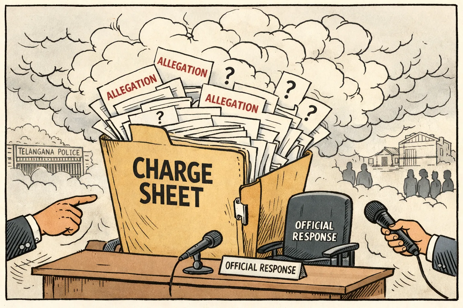 An oversized file marked “CHARGE SHEET” releases political fog over a press-conference table, while an empty desk marked “official response” sits beside a police barricade and a distant farmhouse gate.