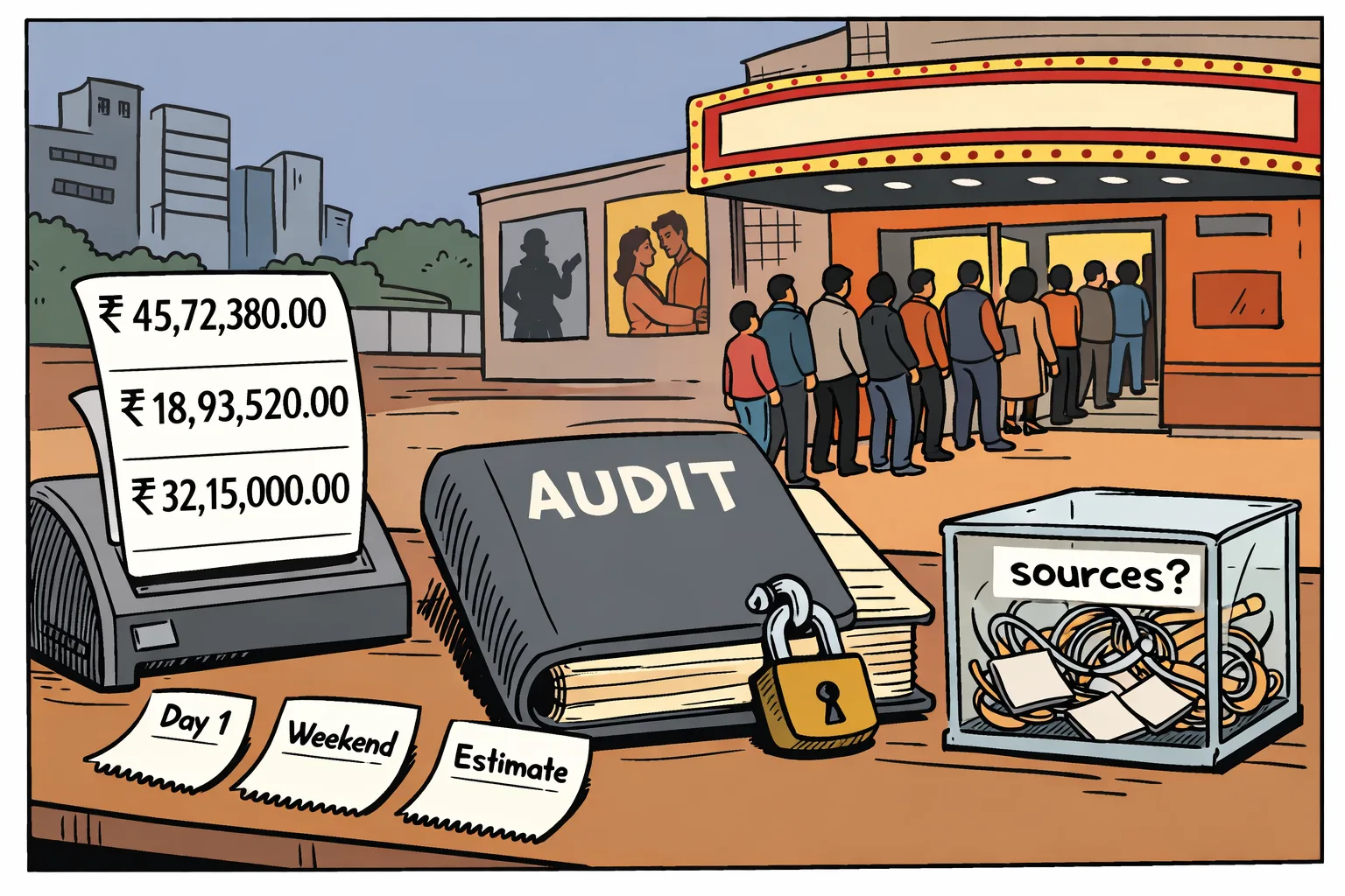A cinema ticket counter displays several conflicting box-office totals while an oversized film-revenue ledger remains blank and locked behind glass.
