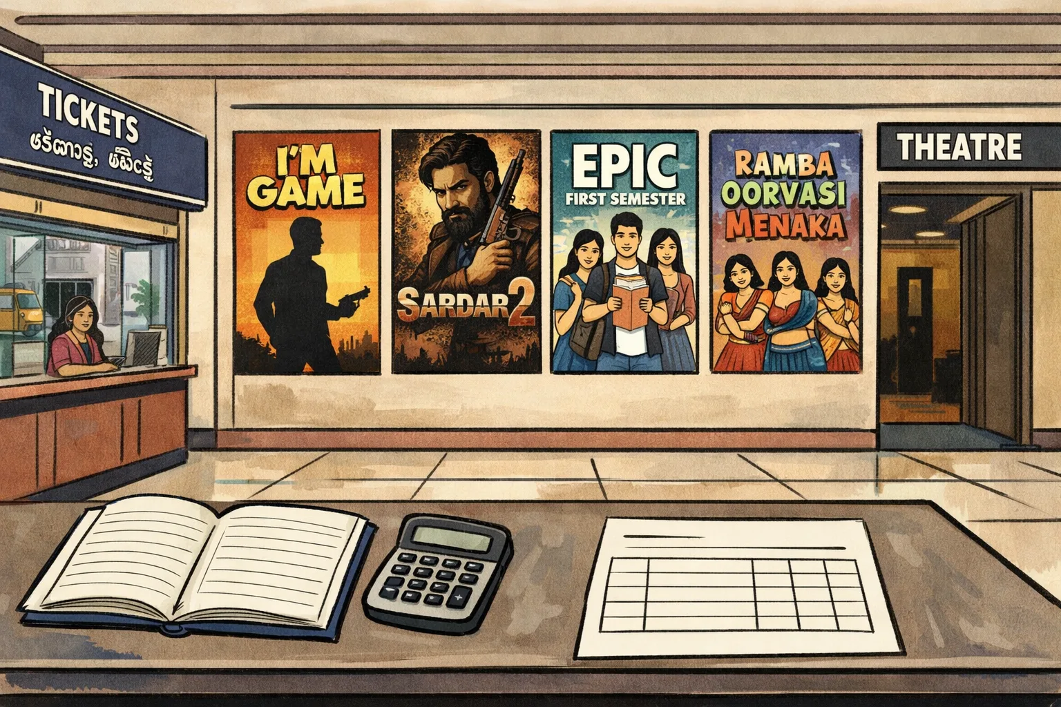 A Hyderabad cinema lobby displays four film titles beside an empty ledger and calculator on a distribution counter.