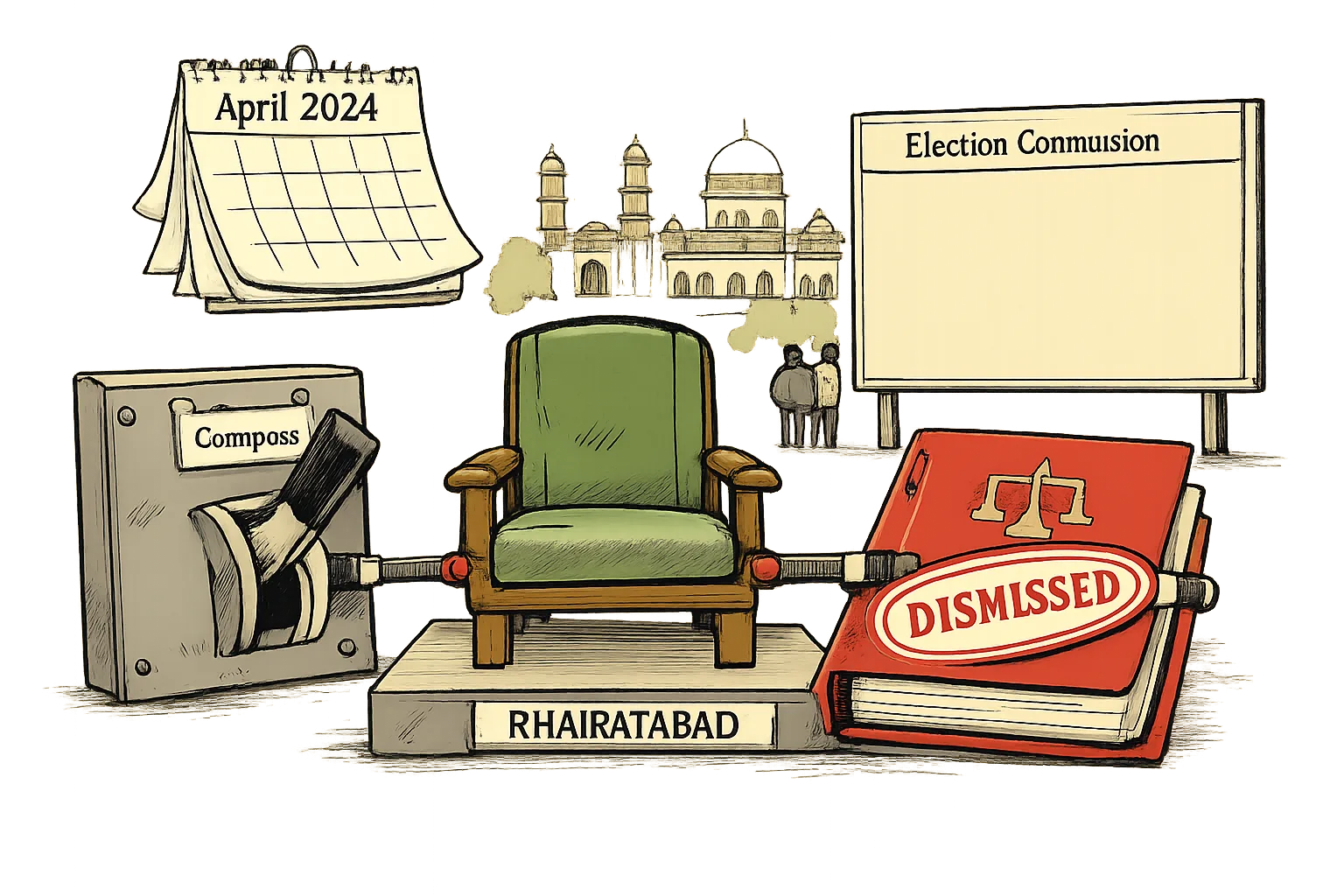 An empty Khairatabad Assembly seat stands beside a disconnected political switch, while a sealed court file, a backward-turning calendar and a blank election noticeboard sit in the background.