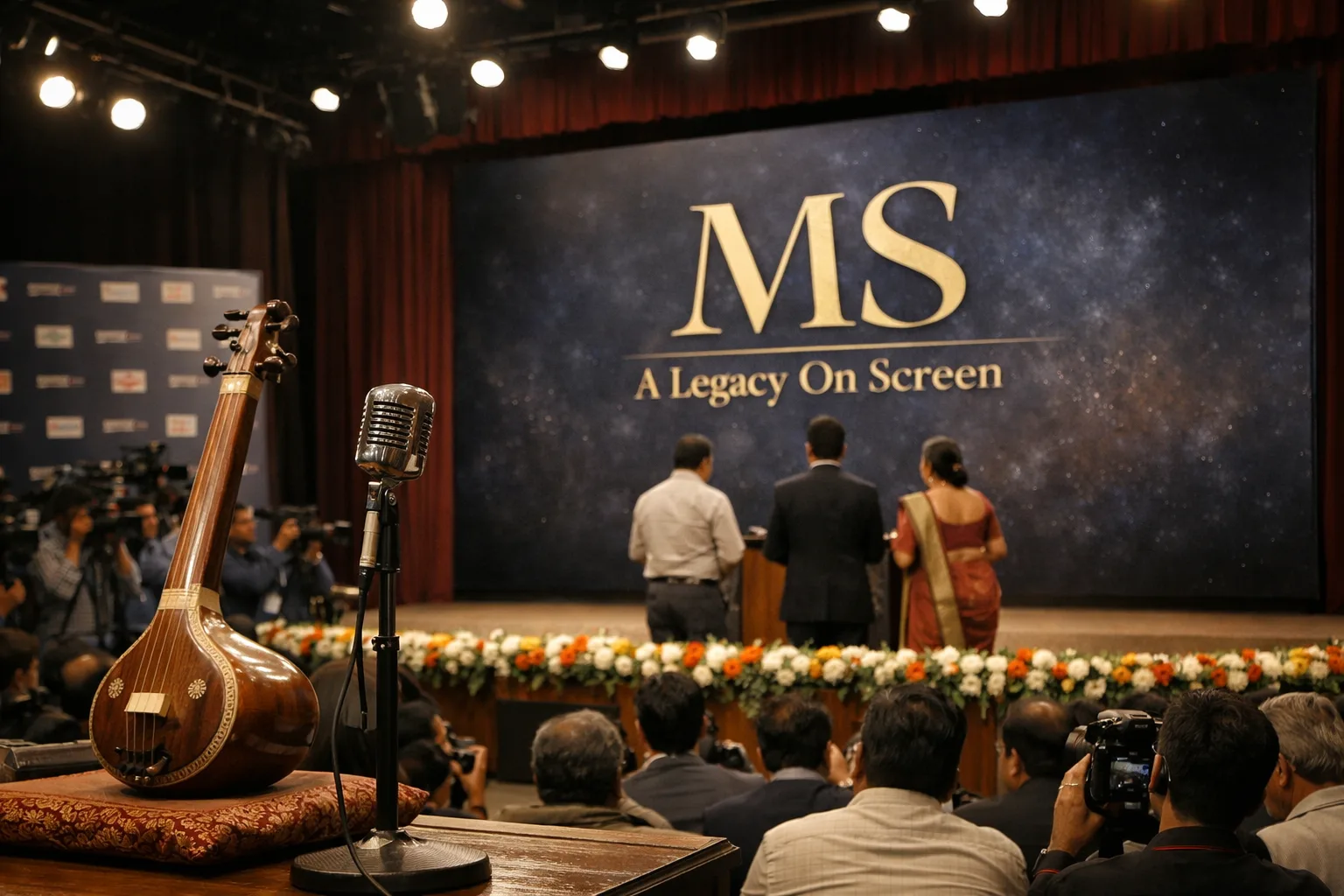 A film-announcement stage at The Music Academy in Chennai displays the title MS – A Legacy On Screen beside a microphone and tanpura, with cameras and an indistinct media audience behind them.