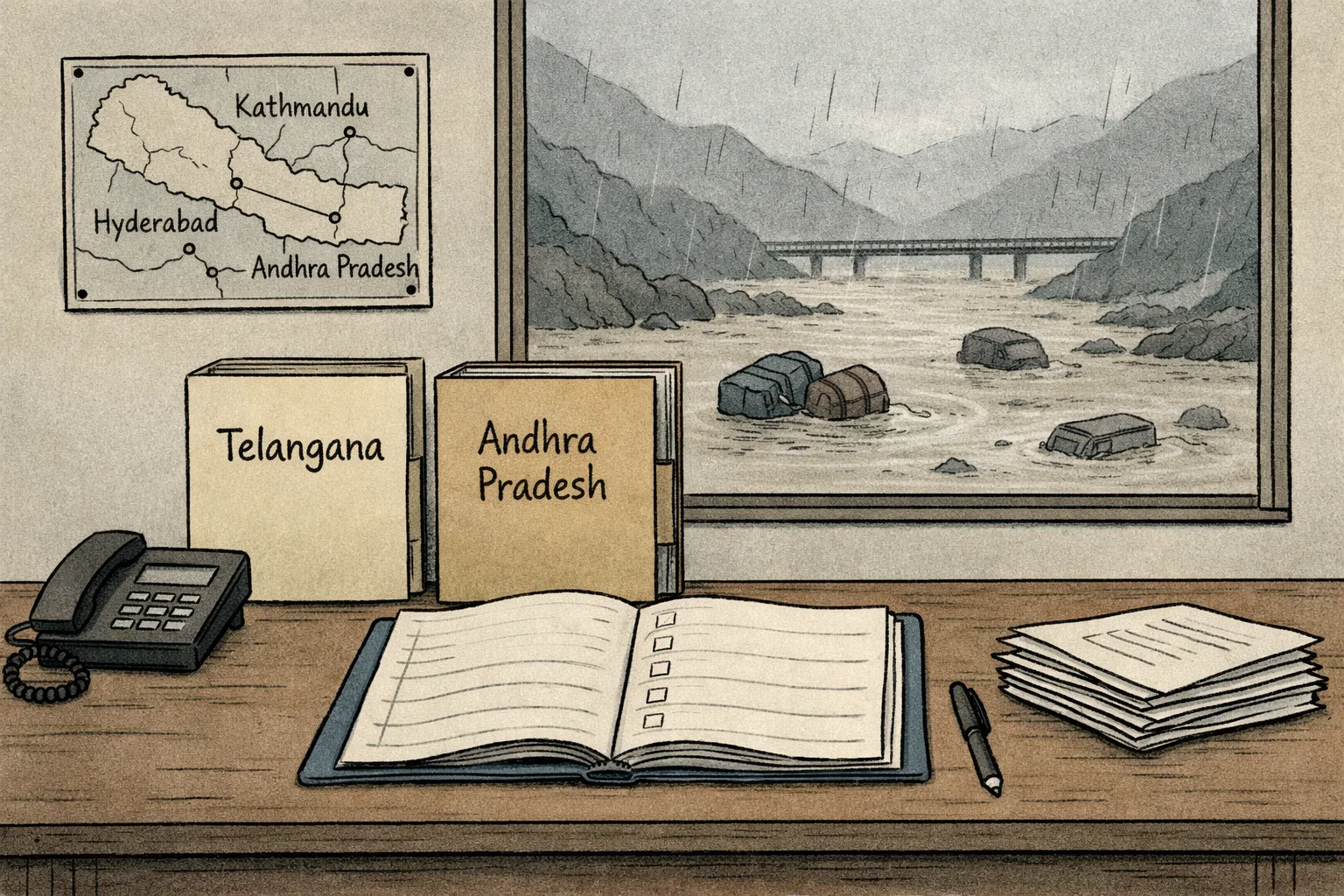 An open, unfinished government register and two state-labelled files sit on a desk beside a telephone, with a rain-obscured flooded Himalayan road visible through the window.
