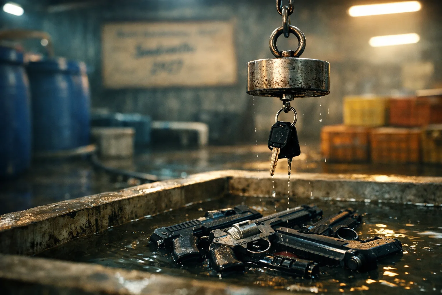 A magnet lifts a scooter key and several theatrical prop guns from a water tank inside a brightly lit aqua-processing unit.