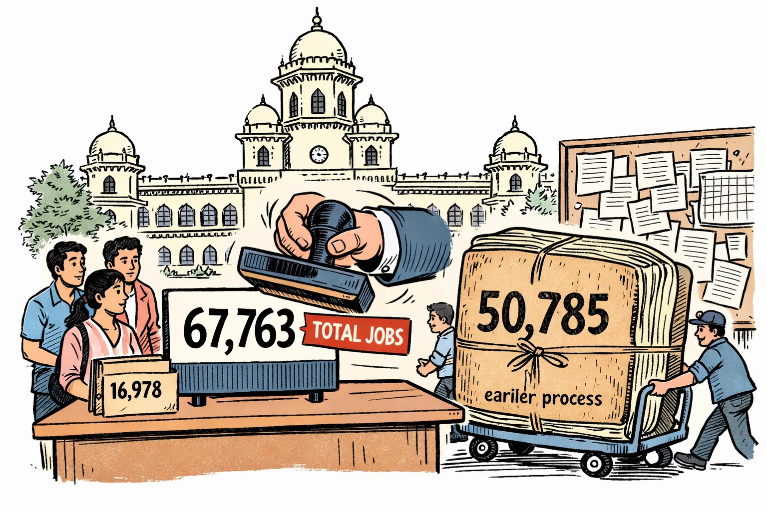 A large scoreboard marked 67,763 is being relabelled at a government desk, beside smaller files marked 16,978 and 50,785 outside a Telangana Assembly-style building.