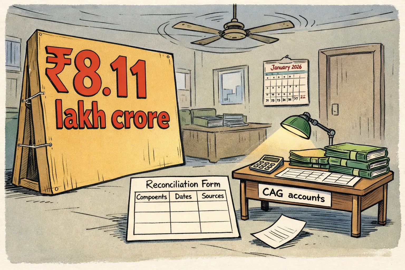 A giant ₹8.11 lakh crore sign stands beside a small illuminated audit table and an empty reconciliation form in a Telangana government office.
