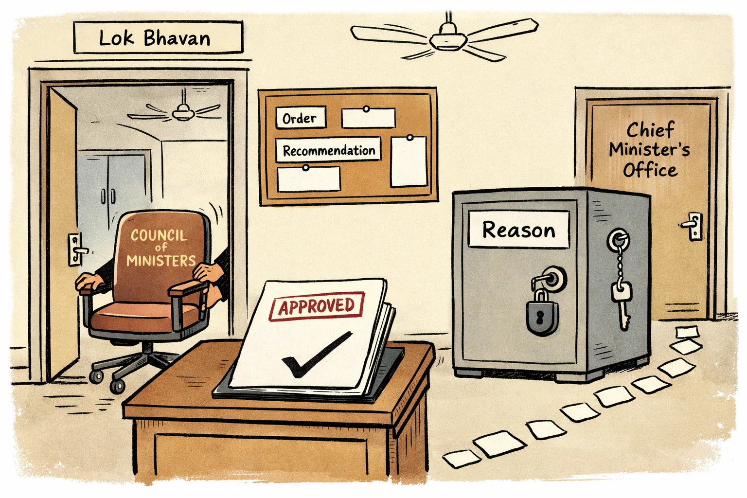 An empty ministerial chair is wheeled out of a government office beside a stamped approval document, while a locked file marked “Reason” sits near a closed office door.