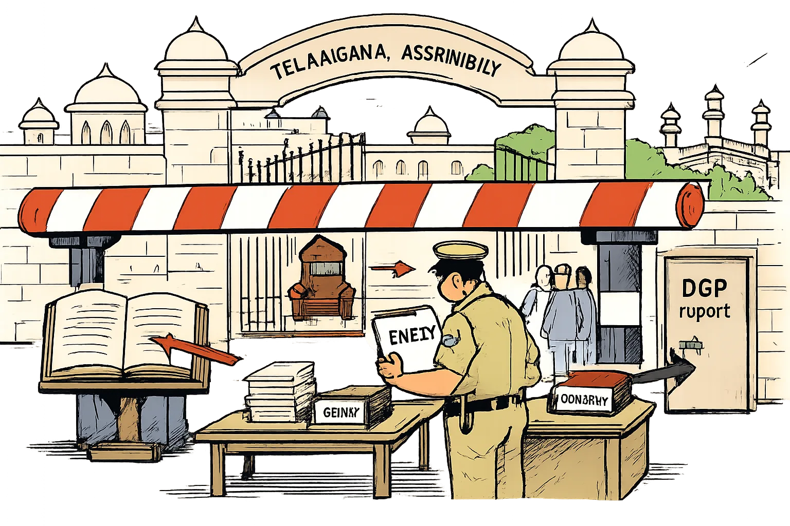 A cartoon Telangana Assembly gate is blocked by an oversized police checkpoint while a rulebook and Speaker’s chair point toward the building; a complaint file sits on a desk marked for a DGP report.