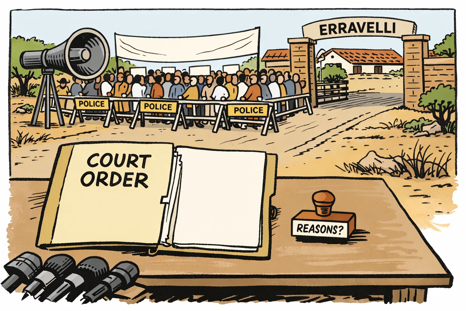 A noisy protest procession is stopped by police barricades outside a farmhouse gate marked Erravelli, while a small open court file labelled Court Order sits on a table in the foreground beside a stamp marked Reasons?