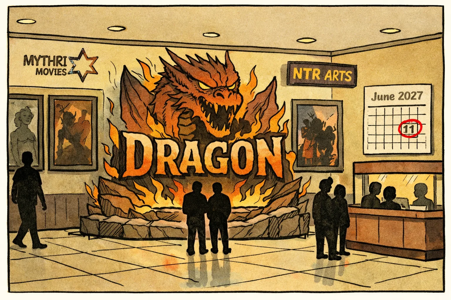 A Hyderabad cinema foyer displays a Dragon-themed film poster beside a calendar marked June 11, 2027.