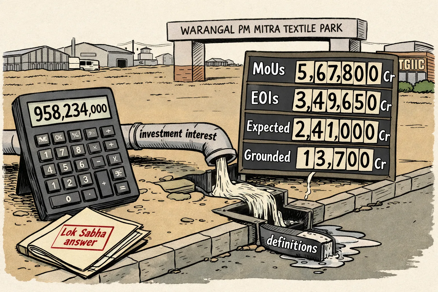 A cartoon of a giant government calculator beside a Warangal textile park model, with several mismatched investment figures spilling from labelled files and pipes.