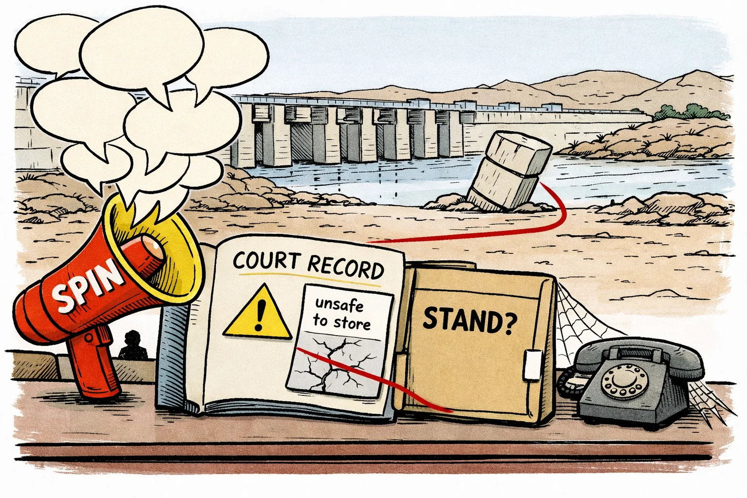 A cartoon of a Telangana barrage with a sunken pier behind an oversized megaphone labelled “SPIN”; an open court-record file marked with warnings and an untouched folder labelled “STAND?” sit on a desk in the foreground.