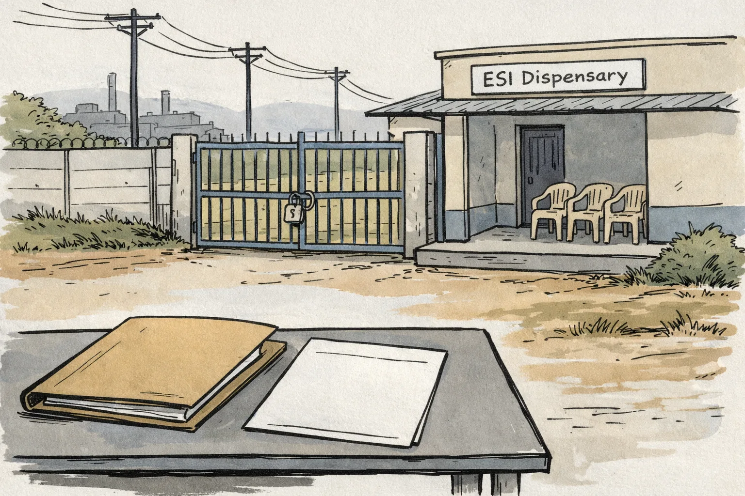 A locked ESI dispensary in a Telangana industrial setting, with empty chairs by the entrance and a closed file folder on a small table.