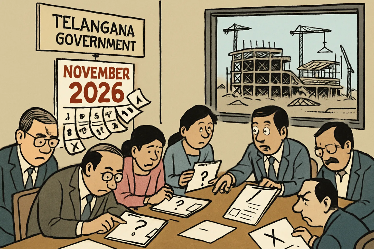 A government review meeting in a Telangana office. Officials in business dress are seated around a table studying blank documents and clipboards marked with question marks. Behind them, a calendar marked 'NOVEMBER 2026' shows approaching deadlines. Through the window, unfinished sports venues appear as bare scaffolding and cranes.