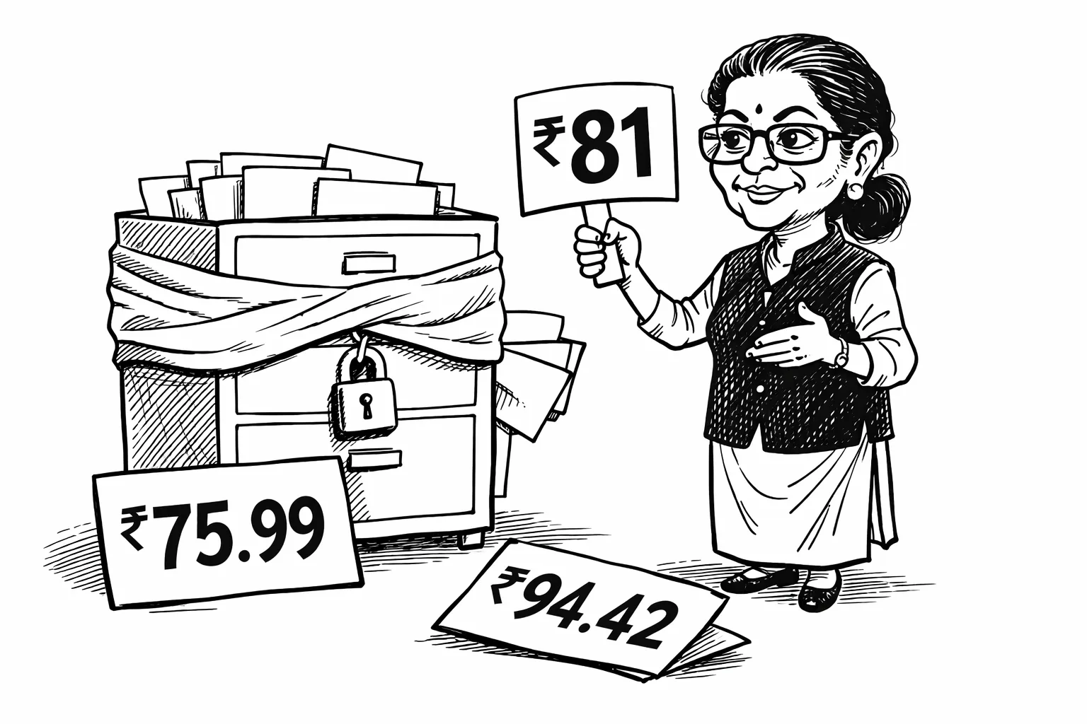 A caricatured Union finance minister presents an ₹81 bid beside a locked filing cabinet wrapped in a blindfold; oversized ₹75.99 and ₹94.42 price cards lie nearby, with blank valuation folders visible inside the cabinet.