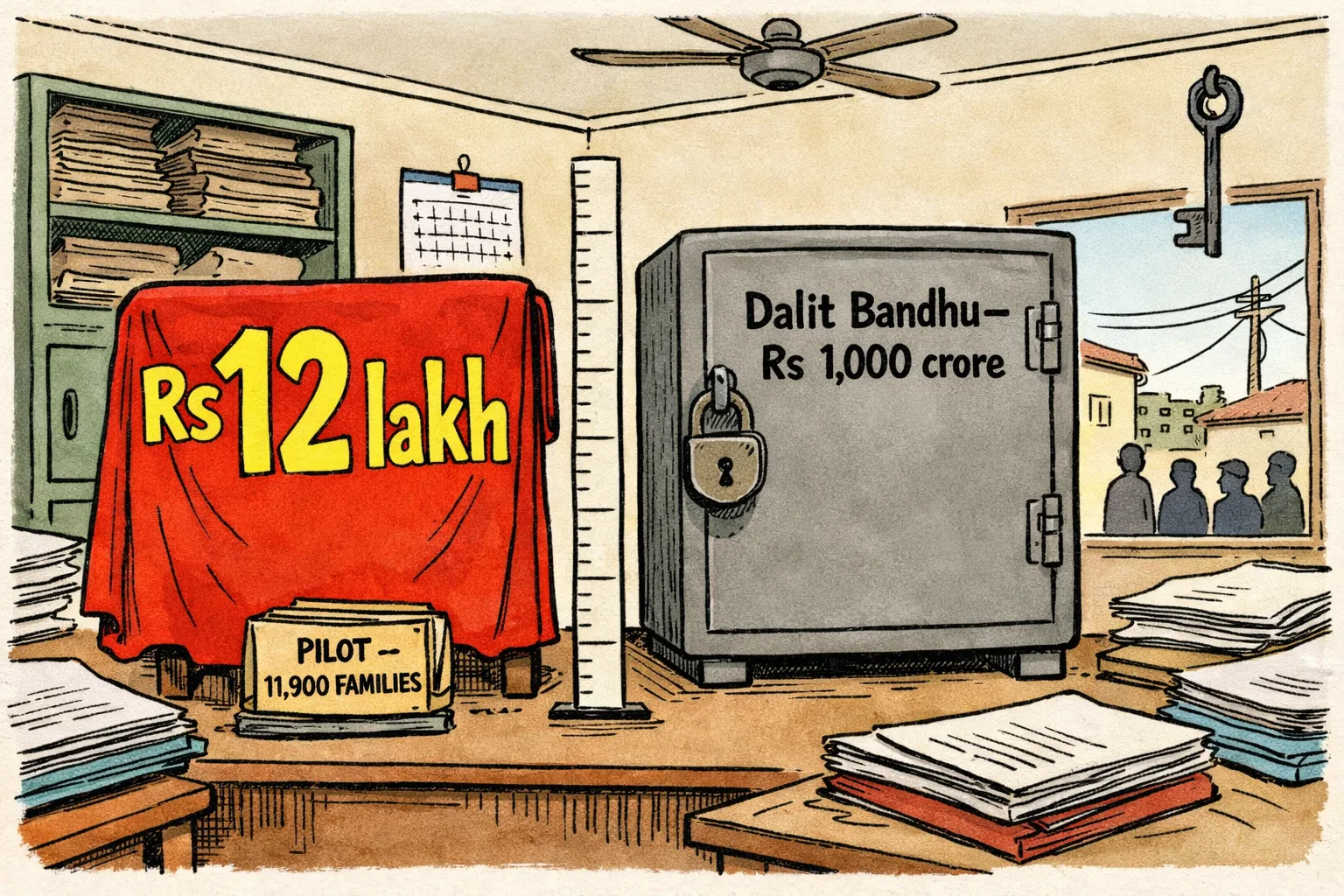 A Telangana government file marked as a pilot sits beside an oversized empty promise banner, while a locked cash cabinet labelled Dalit Bandhu shows a large budget figure but no cheques or beneficiary records.