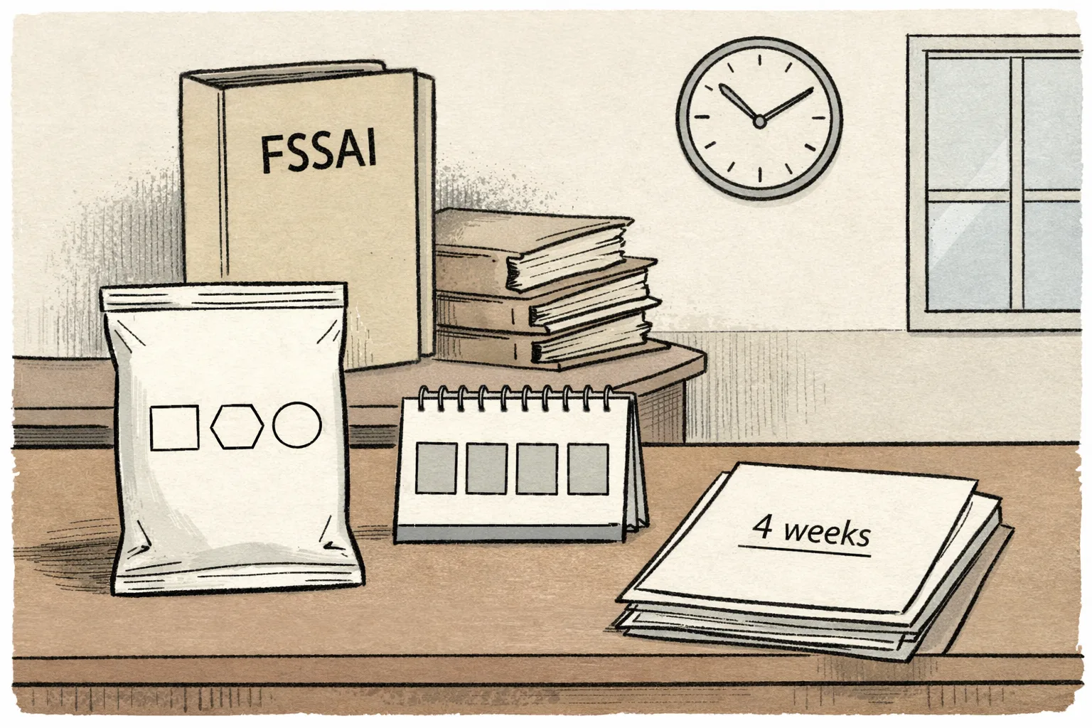 A plain packet of packaged food sits beside a blank front label and a four-week court deadline, while a thick government file gathers dust in the background.