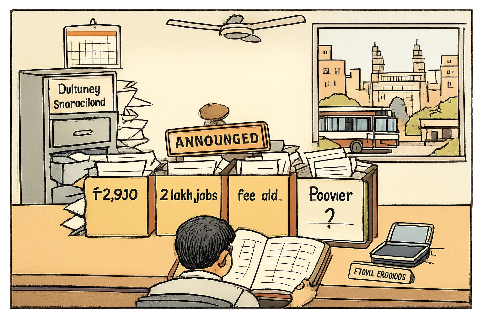 A Telangana government-office desk displays four promise folders, three filled with documents and one open to a blank ledger, beneath a stamp marked ‘ANNOUNCED’ and a filing cabinet missing a drawer.