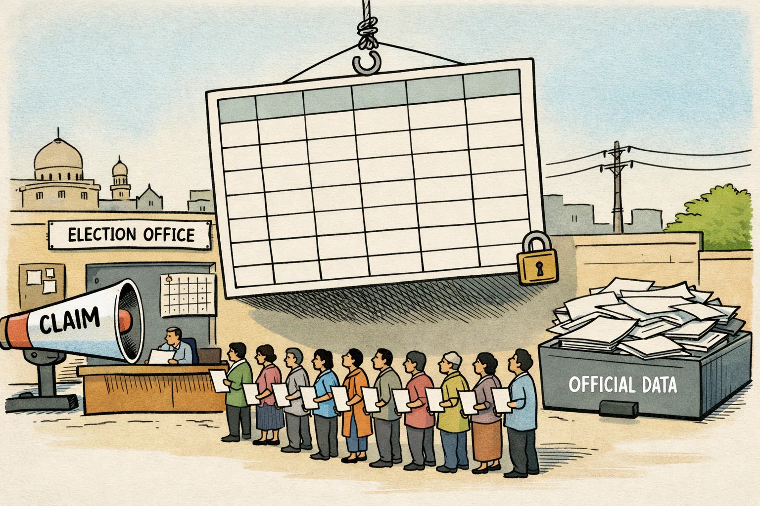 A row of voters waits outside an election office beneath a large locked spreadsheet with blank constituency columns, while a claim megaphone and a closed official data file sit on opposite sides.