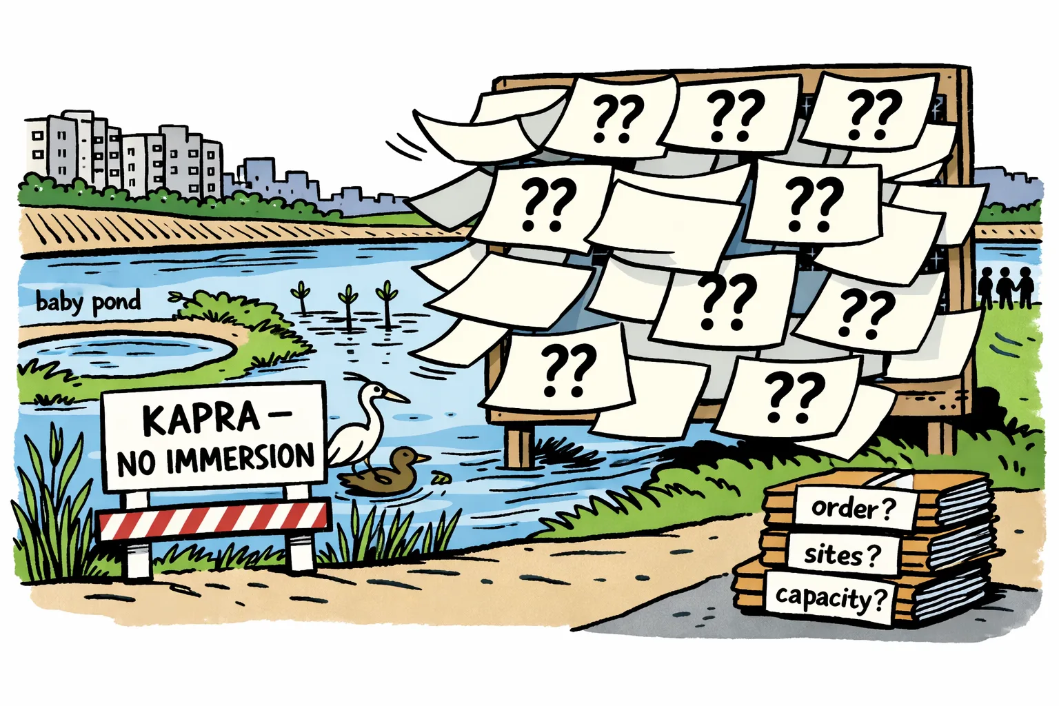 A Hyderabad wetland has a small barrier marked “Kapra — no immersion,” while a larger board of loose headline sheets and question marks hangs over distant lakes; files labelled “order?”, “sites?” and “capacity?” sit nearby.