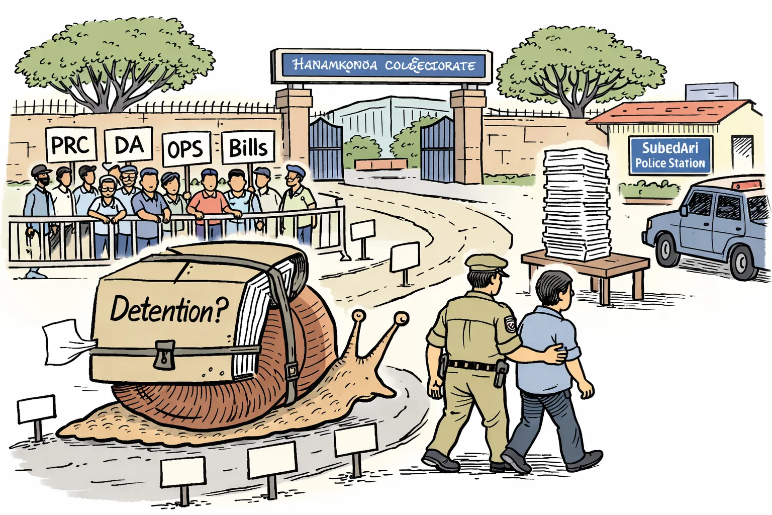 Outside a Hanamkonda government building, peaceful employees hold short-labeled demand placards while a generic police escort leads an unidentifiable figure toward a vehicle; a giant file marked “Detention?” crawls on a snail toward a police station.