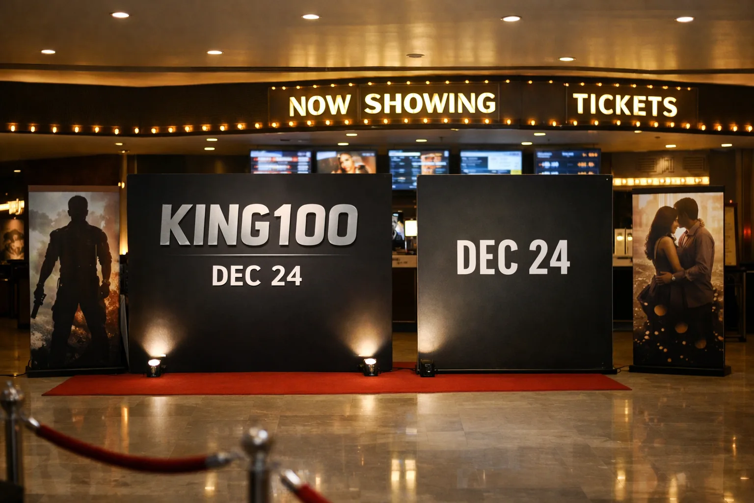 A Hyderabad multiplex foyer with a King100 promotional display marked December 24 beside another crowded release-date board.