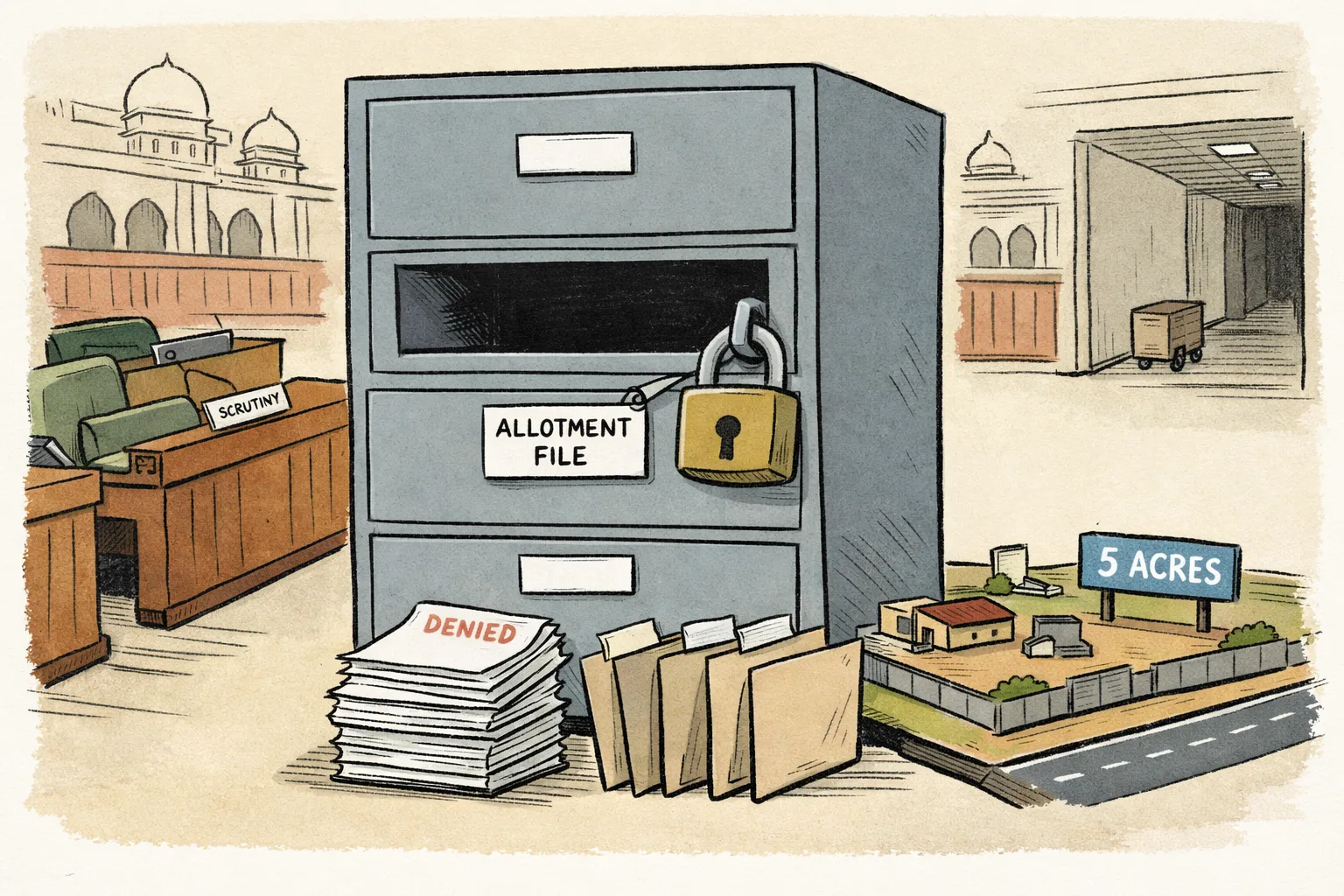 An oversized locked government file cabinet labelled ‘ALLOTMENT FILE’ stands between a council chamber and a small five-acre industrial plot, beside denial papers and empty document folders.