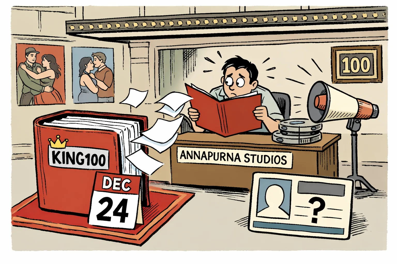 A blank identity card and empty synopsis file sit beside a crowned film file marked KING100 and a calendar showing December 24 outside a Hyderabad cinema office.