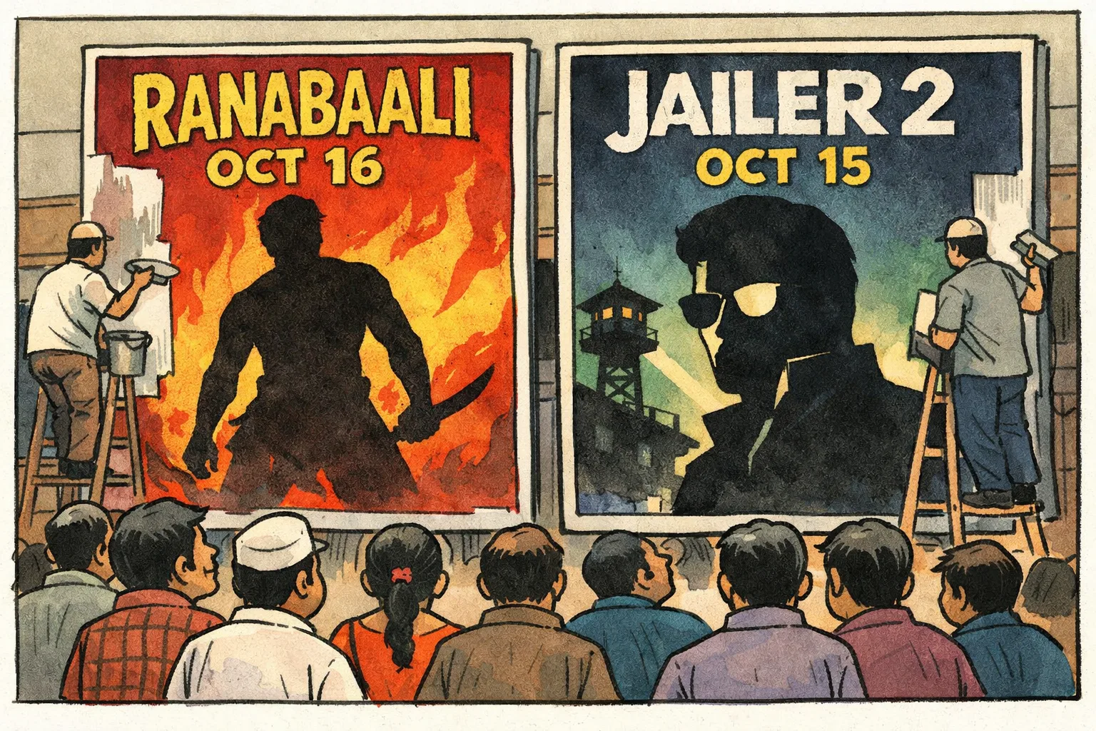 Two cinema displays outside a Telangana theatre advertise Ranabaali for October 16 and Jailer 2 for October 15, with moviegoers and auto-rickshaws nearby.
