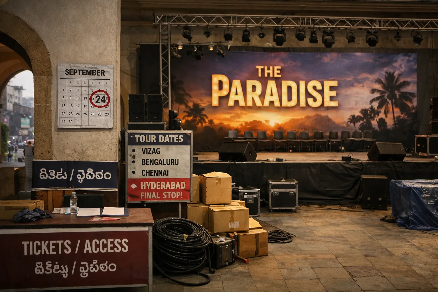 An unfinished Hyderabad film-event setup with an empty stage, equipment cases and cables, a September 24 date circled on a calendar, and a blank venue-and-timing board.