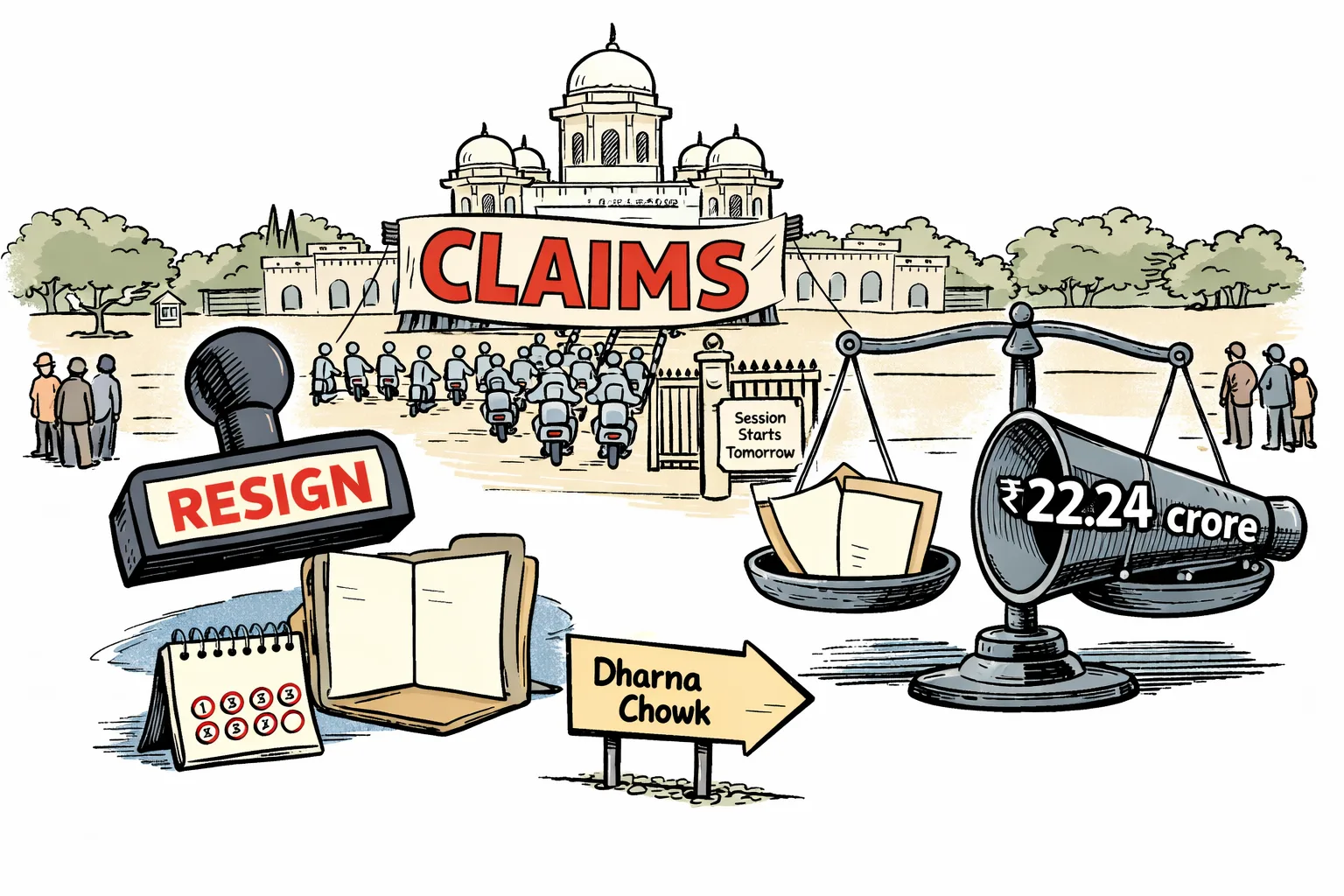 A cartoon outside the Telangana Assembly shows a giant “CLAIMS” banner, a rubber stamp marked “RESIGN”, and a weighing scale favouring a loudspeaker over a nearly empty evidence folder.