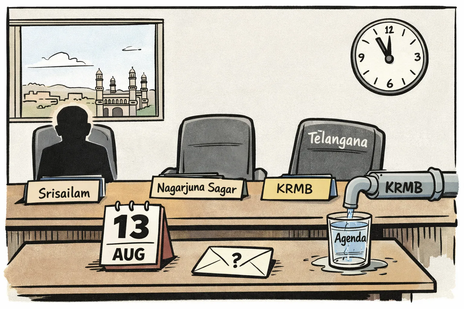 A Telangana government chair sits empty at a long water-management meeting table, while a calendar marked August 13 and folders labelled Srisailam and Nagarjuna Sagar sit before a running tap bearing a KRMB tag; a second chair is occupied by an anonymous official silhouette.