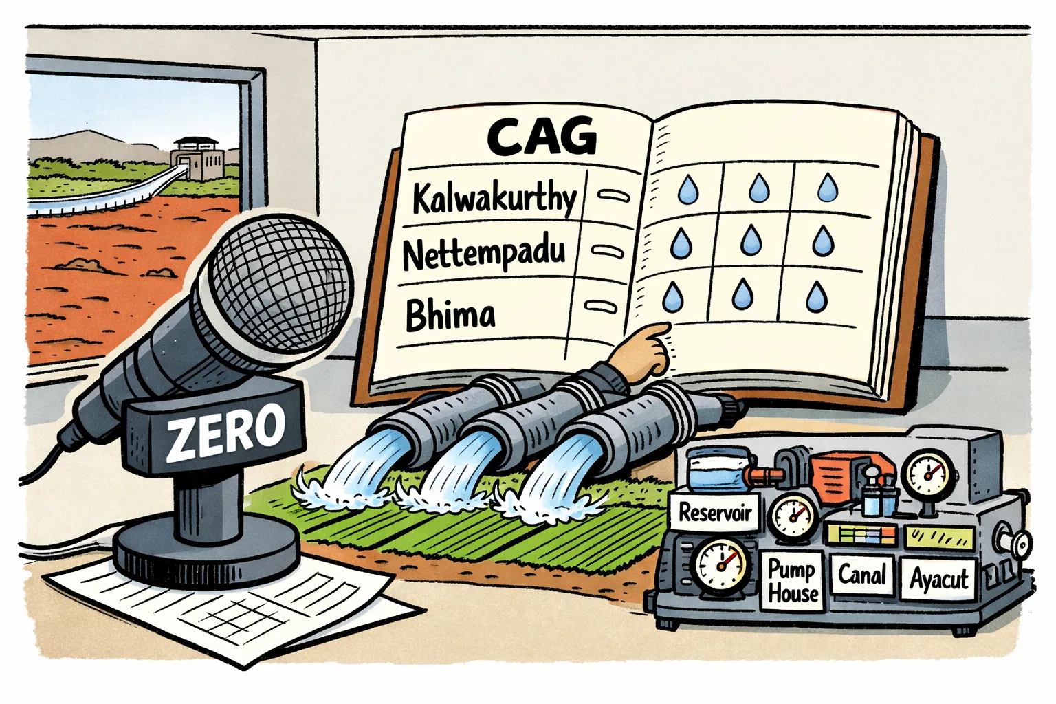 A Telangana irrigation control room shows three lift-scheme pumps sending water through pipes to labelled fields, while a large official ledger records irrigated acres and a microphone displays a round zero.