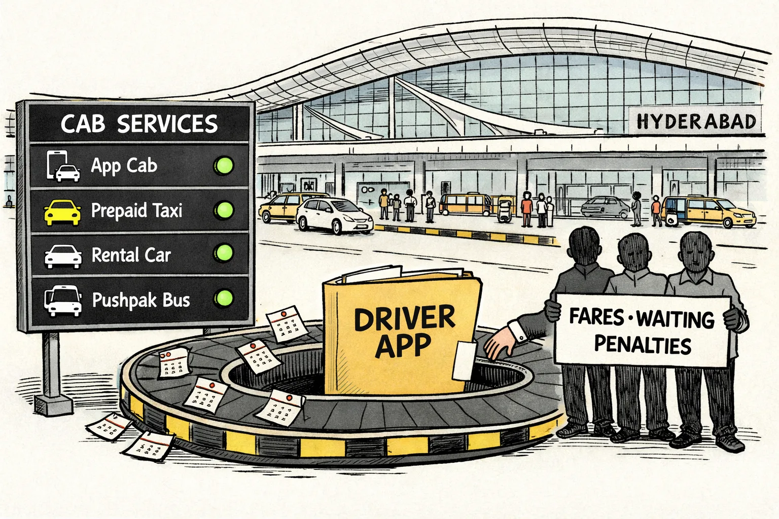At Hyderabad airport, a service board still lists app cabs, prepaid taxis, rental cars and Pushpak buses while anonymous drivers hold a fare-related placard and a large government app file loops on a conveyor belt.