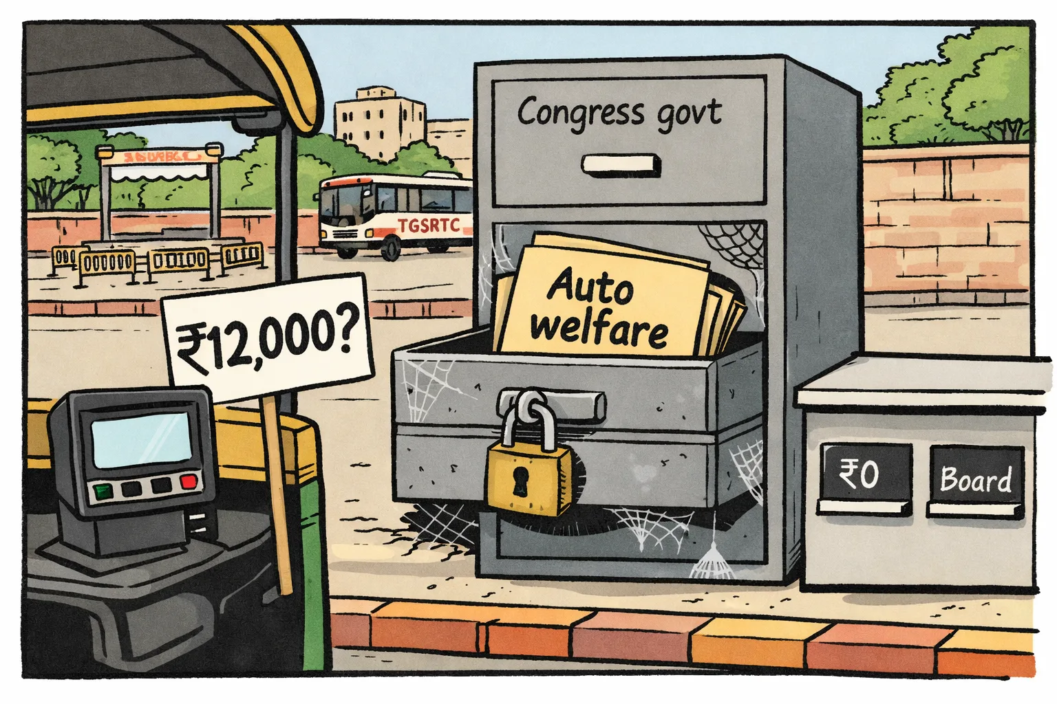 A Hyderabad auto-rickshaw is parked beside a huge government filing cabinet marked with a small welfare file, while an empty payment counter and an auto-union placard stand in the foreground.