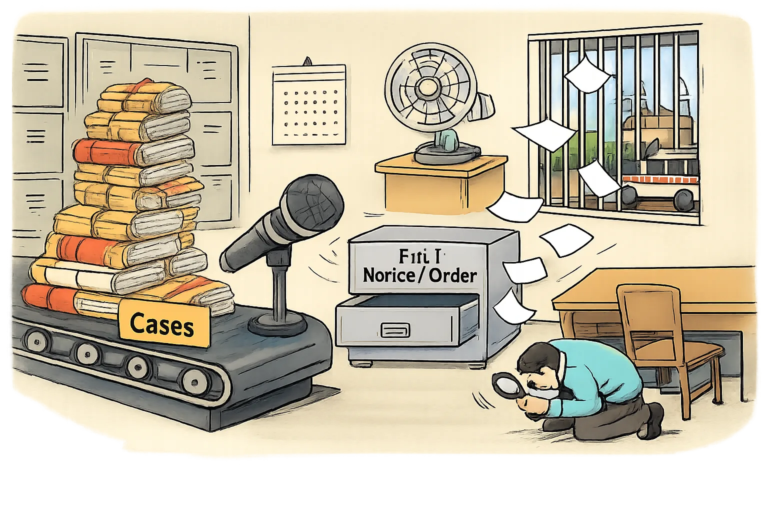 A Hyderabad government records room contains a towering pile of police case files beside a tiny locked drawer marked FIR, Notice, Order, while a generic clerk searches with a magnifying glass.