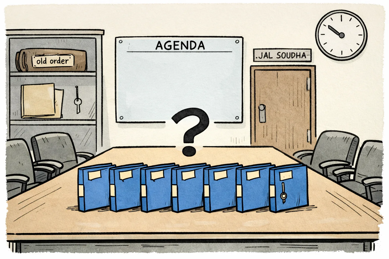 A Telangana government file marked with a question mark sits on a conference table while officials’ empty chairs face a locked Jal Soudha door; seven miniature project folders wait beside an unlit agenda board.