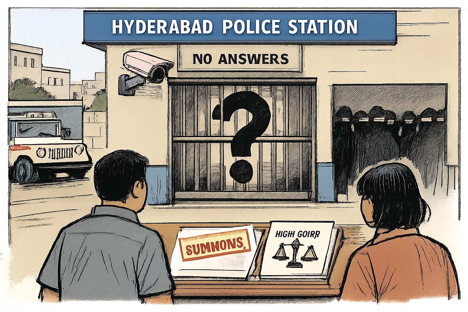 A Hyderabad police station scene shows a summons beside a locked question mark, a covered CCTV monitor and indistinct masked silhouettes in a shadowed corridor.