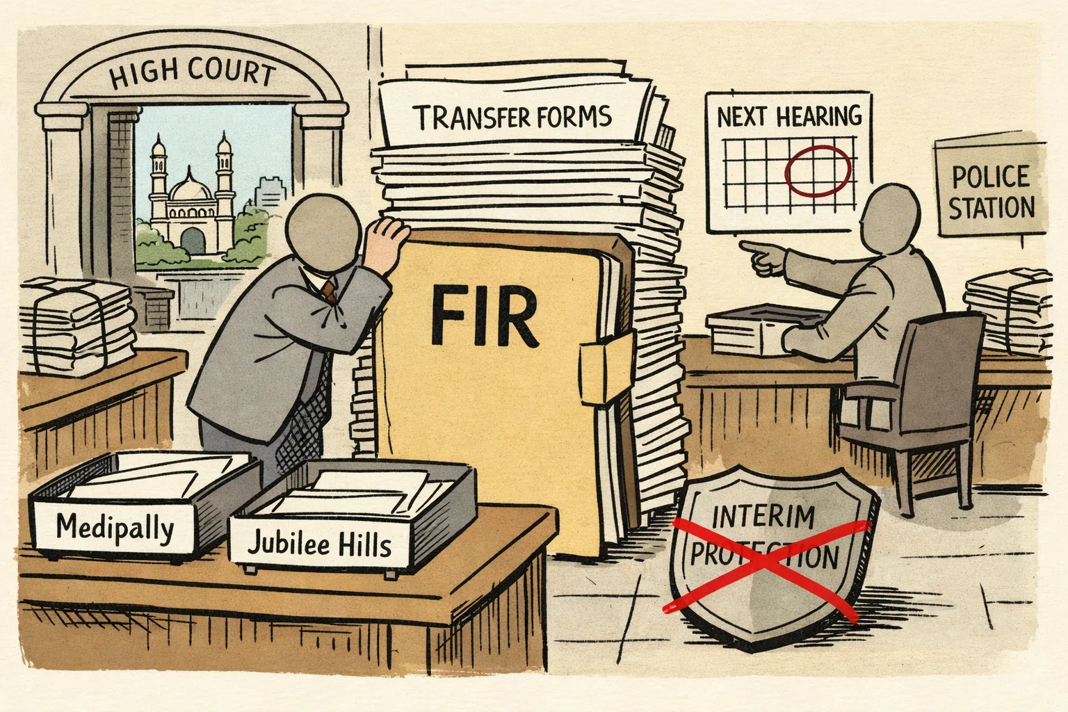 An ink-and-flat-colour cartoon shows an oversized FIR file hiding behind transfer forms between Medipally and Jubilee Hills trays, while an unused interim-protection shield lies on the floor and a generic clerk points toward a next-hearing calendar in a Hyderabad courthouse corridor.