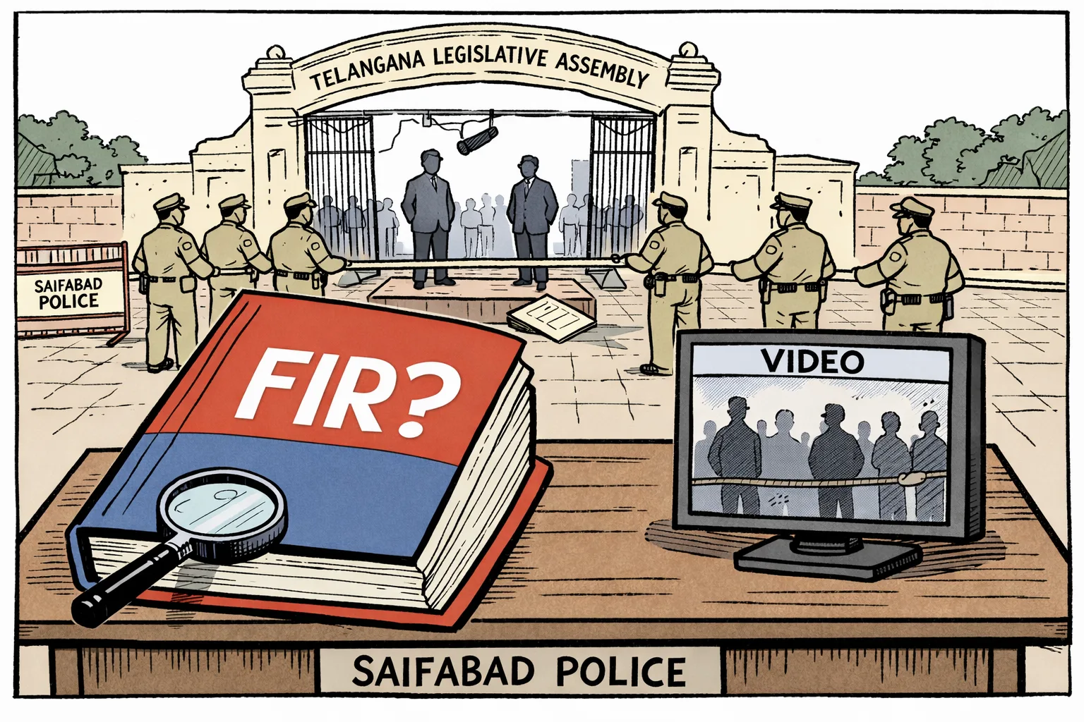A large file marked “FIR?” sits on a police desk in front of the Telangana Assembly gate, where generic figures and a video monitor suggest a disputed confrontation being reviewed.