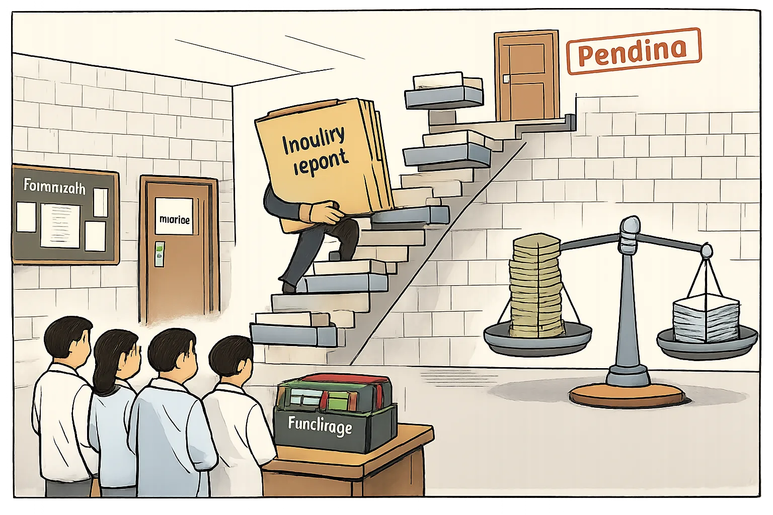 Anonymous postgraduate students stand beside a locked box of findings in a medical college corridor while a large inquiry file travels up a long staircase toward a closed office marked pending.