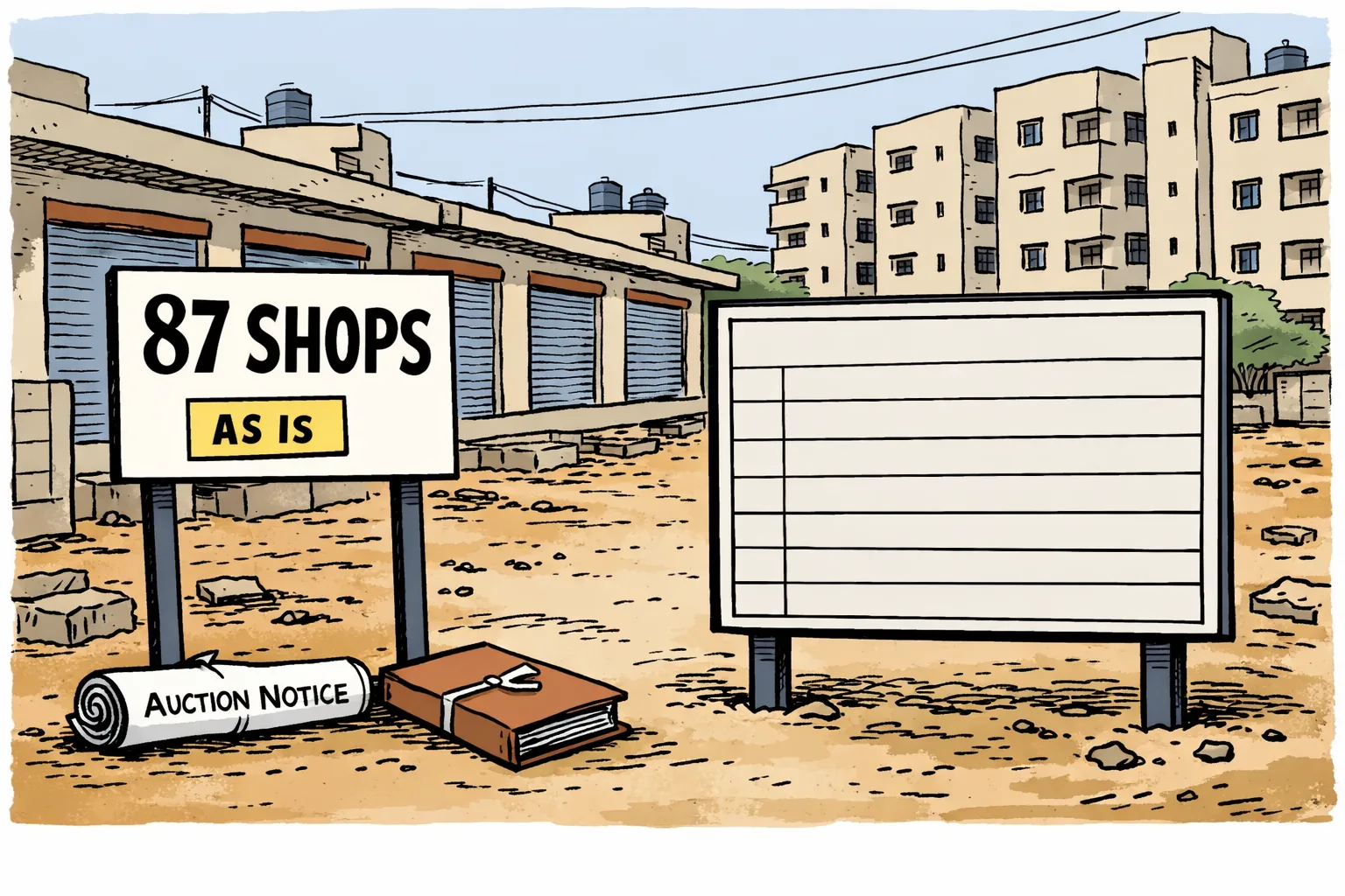 A row of tiny shuttered shops stands beneath a large auction notice, while a blank results board beside it waits for entries.