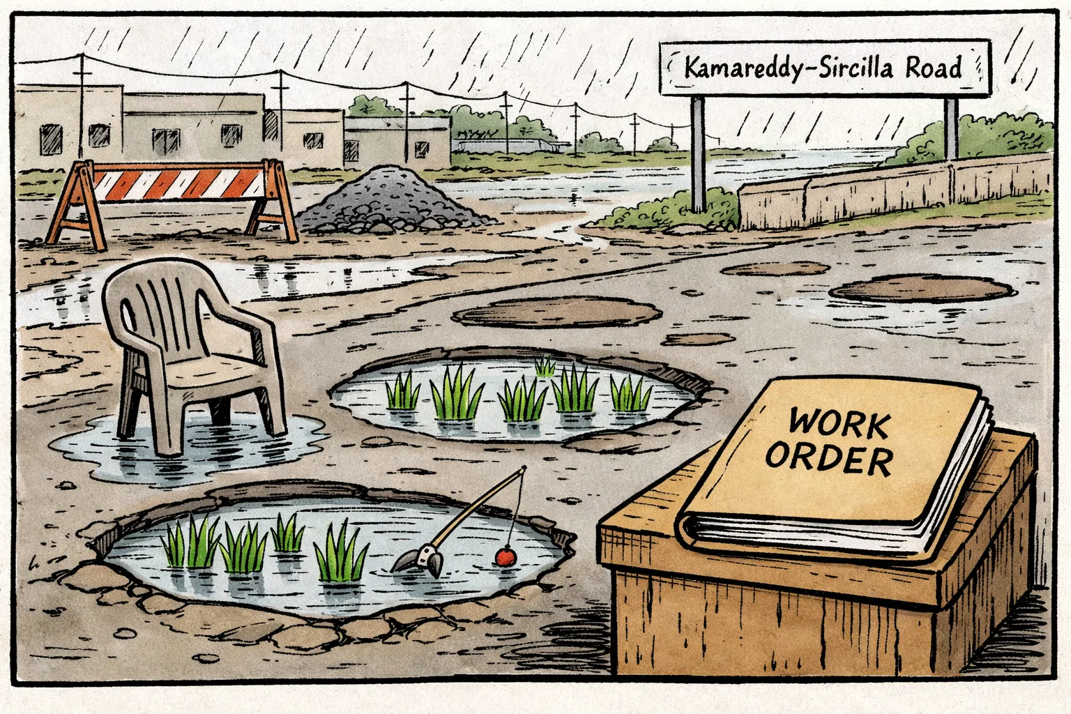 A flooded Telangana road is shown as a paddy field, with saplings growing from potholes and a tiny fishing rod beside a roadwork barricade; a large unopened file rests on a dry chair at the roadside.